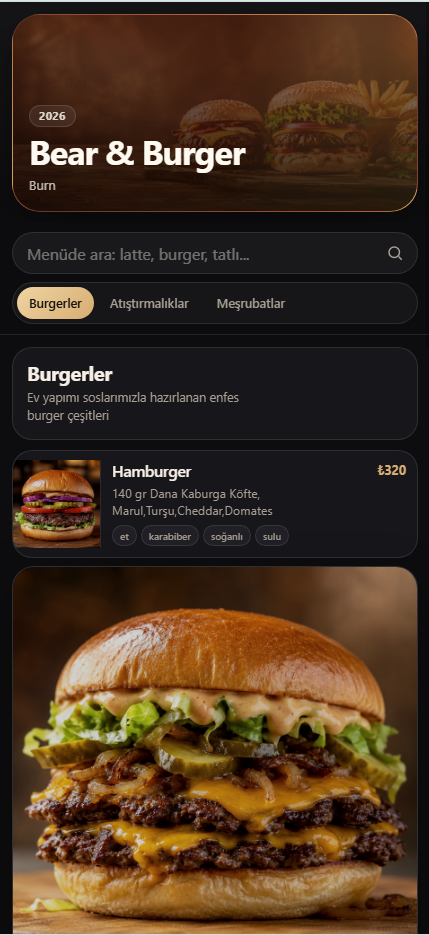 Karkod.net ücretsiz dijital menü kategori ve ürün listesi örnek mobil ekranı